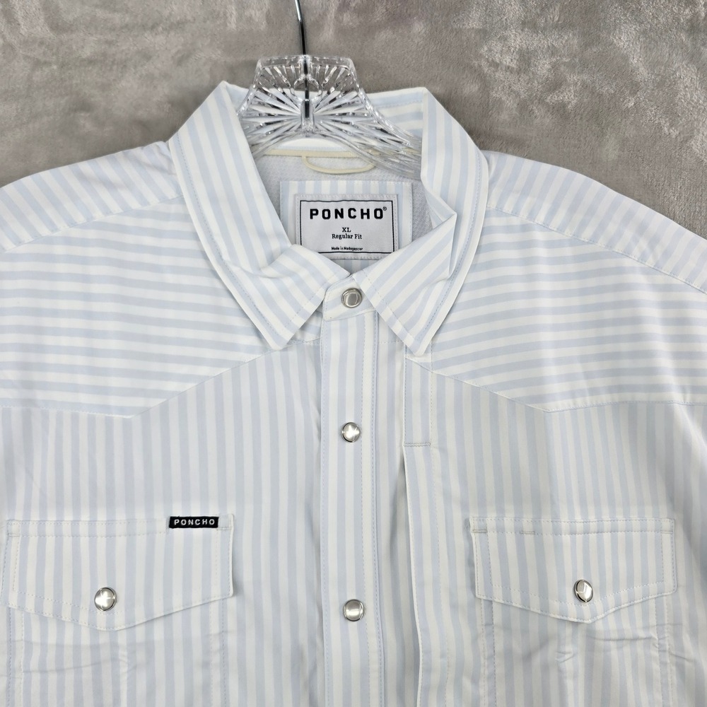 NEW Poncho Western GET IN LINE Shirt Mens XL Blue Striped Pearl Snap